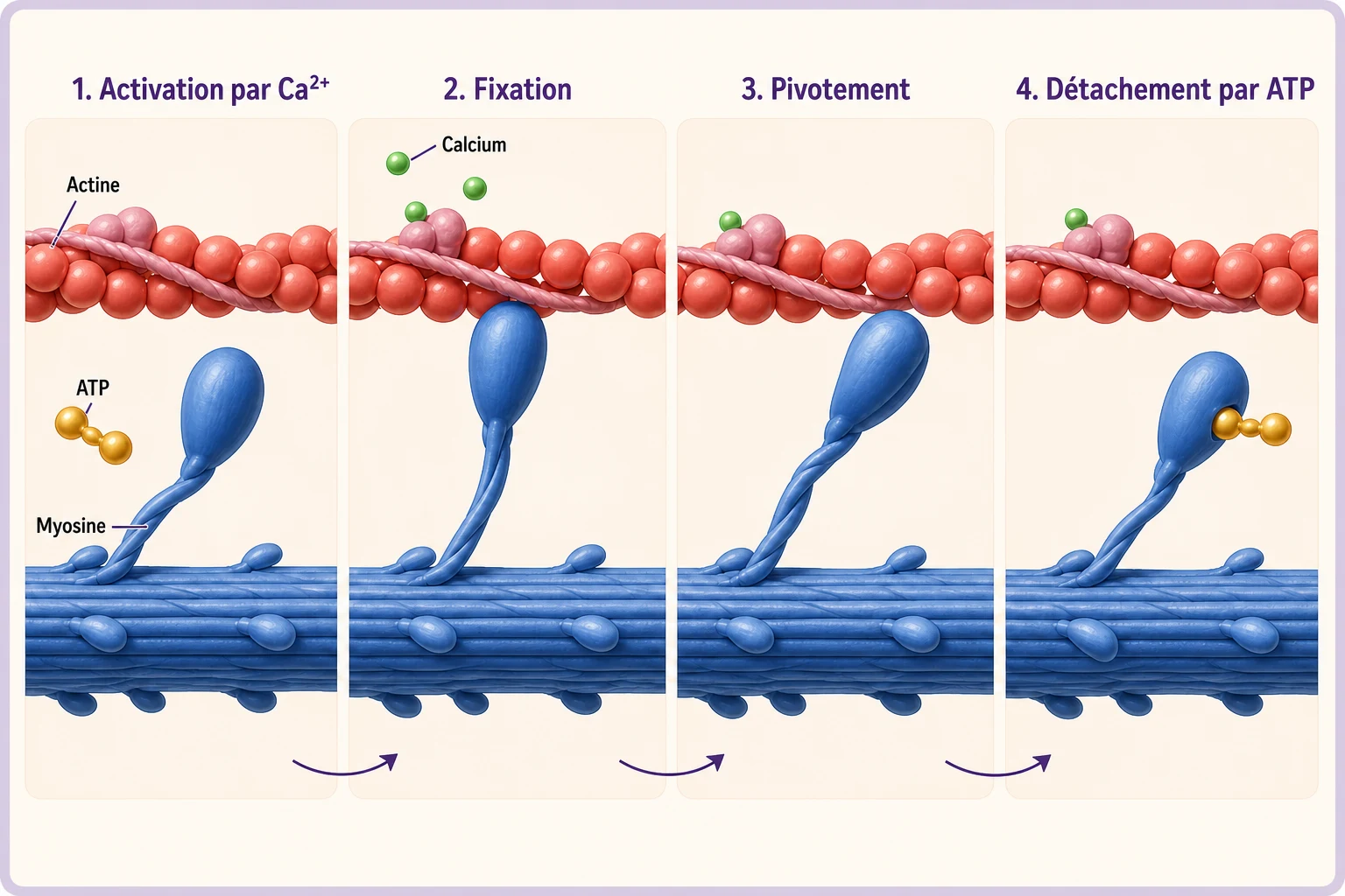 Cycle actine-myosine : exposition du site par le calcium, attachement, pivotement puis détachement grâce à un nouvel ATP