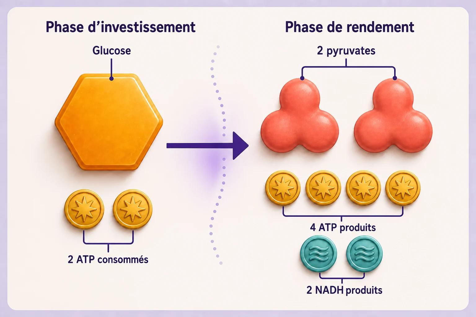 Bilan visuel de la glycolyse : deux ATP investis, séparation du glucose en deux pyruvates, quatre ATP et deux transporteurs réduits produits