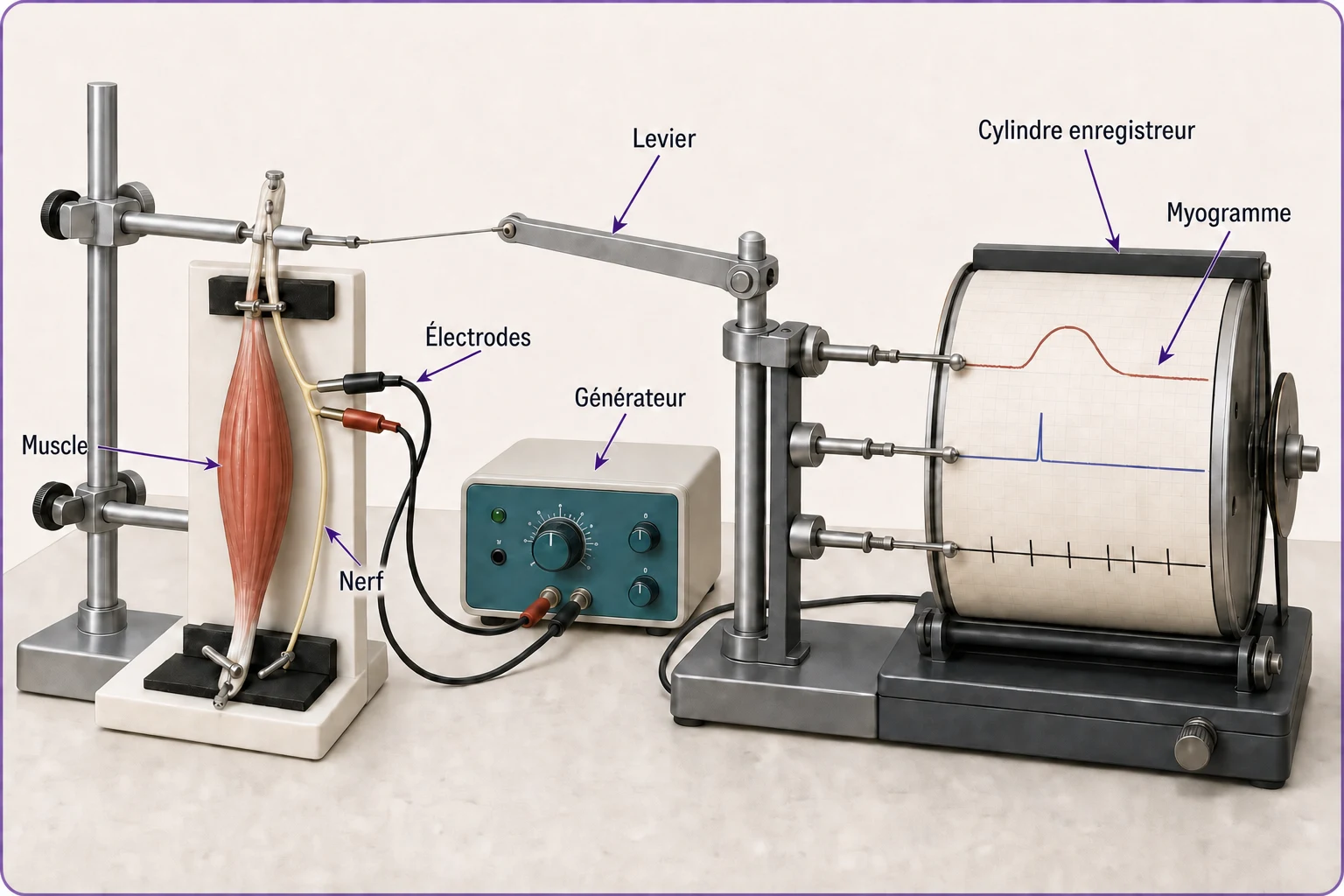 Montage du myographe : muscle et nerf stimulés, levier mécanique et cylindre enregistreur