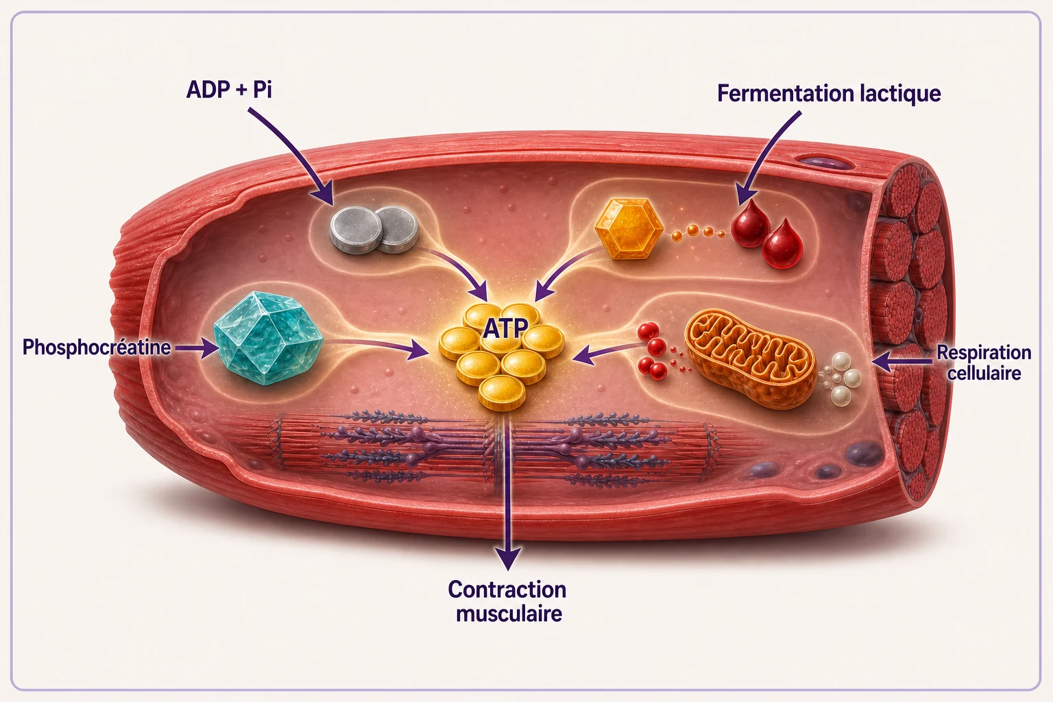 Quatre sources convergent vers le renouvellement de l'ATP musculaire : ADP, phosphocréatine, fermentation lactique et respiration mitochondriale